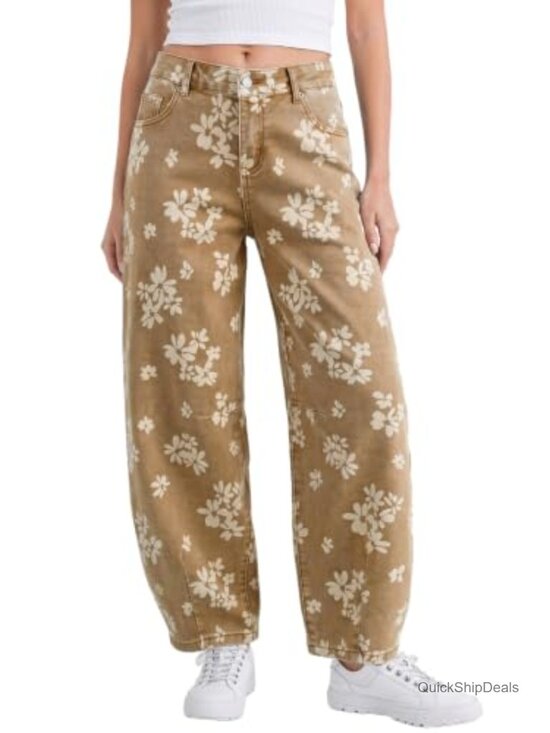 Denim - Wide Leg Barrel Jeans for Women Mid Rise Ankle Denim Pants